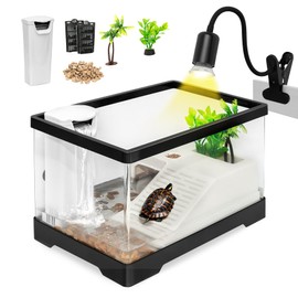 Turtle Tank Kit,PC Small Red Eared Slider Aquarium,Aquatic Baby Tortoise Habitat for Fishes and Amphibians Reptiles,Include Filter*1,Filter Plates*2,Plants*2,Lamp*1,Bulb*1,Stone*1,Basking Platform*1