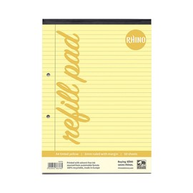 RHINO A4 Refill Pad, Writing Pad, 100 Page / 8mm Lined with Margin, 1 Pack, Yellow Lined Writing Paper for Dyslexia & SEN, Office & School Stationery Supplies