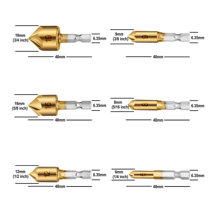 6-Piece HSS Countersink Drill Bit Set 90 Degree Chamfer Countersink