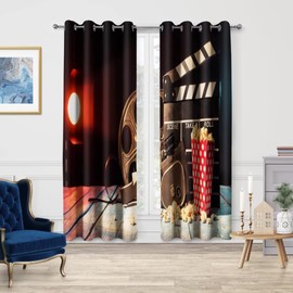 Jekeno Movie Theater Blackout Curtains, Vintage Home Cinema Print Decor Darkening Grommet Window Drapes for Bedroom Living Room, 52 Wide 84 Long inches 2 Panels