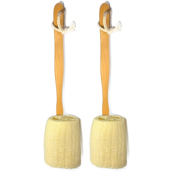 2 Pack Natural Exfoliating Loofah luffa loofa Bath Brush On a Stick - With Long Wooden Handle Back Brush For Men & Women - Shower Sponge Body Back Scrubber