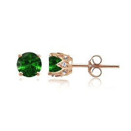 Rose Gold Flashed Sterling Silver Simulated Emerald and Cubic Zirconia Accents Crown Stud Earrings