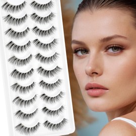 False Eyelashes Natural Lashes Wispy - 0.1mm Ultra Thin Clear Band 12mm Pestañas Postizas Naturales Cat Eye Reusable 10 Pairs Demi Wispies Short Fake Lashes Strips by EMEDA (WISPY 01)