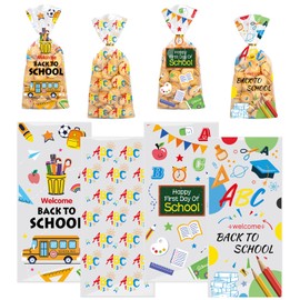100 Pcs Back to School Party Cellophane Bags Clear Candy Cookie Treat Bags with Twist Ties 4 Designs School Bus Blackboard ABC Letters Plastic Favor bags for Back to school Favor Supplies Decorations