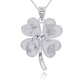 Claddagh Gold Fine Sterling Silver Four-Leaf Clover Lucky Charm Pendant Necklace, Sterling Silver, No Gemstone
