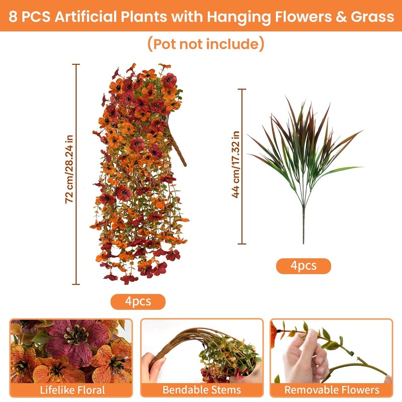 8 PCS Artificial Fall Flowers for Outdoors, UV Resistant Fake