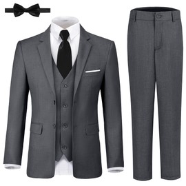 Boys Suits for Kids Teen Formal Dark Grey Suit Set Size 8, Suit Jacket, Vest, Pants, Collared Dress Shirt, and Bow Tie