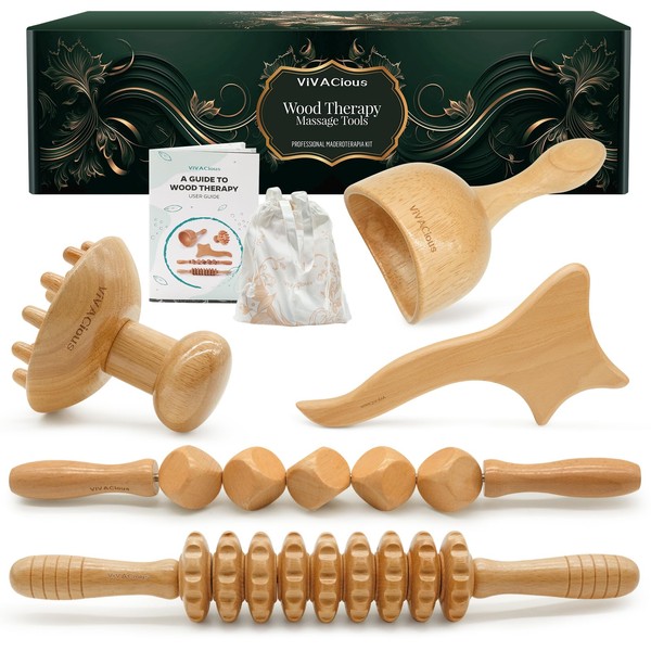 5-in-1 Wood Therapy Massage Tools Kit - Lymphatic Drainage Massager for Stomach, Thighs and HIPS | Maderoterapia Kit Professional for Muscle Pain Relief | Wooden Body Sculpting Tools | ViVACious
