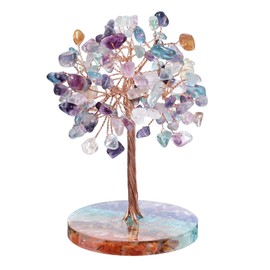 Nupuyai Handmade Natural Healing Quartz Crystal Tree with Round Chakra Stones Resin Base, Copper Wire Crystal Bonsai Money Tree Decor for Lucky/Feng Shui, Colored Fluorite