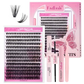 FADLASH DIY Lash Extensions Kit, 40D 0.07 D Curl Lash Clusters Individual, Bond and Seal, Remover and Tweezers for Beginners (40D, 8-16mm)