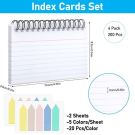 Revision Cards, 200 Sheets Lined Flash Cards Spiral-Bound, Index Cards 3X5 Inches, 4 Packs White Note Cards and Index Tabs, Tearable Record Cards Paper for Office, Home, School, Study Essentials