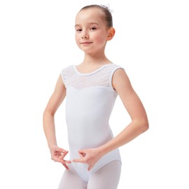 tanzmuster Cora Girls' Sleeveless Ballet Leotard, Made of Soft Cotton Material with Lace Insert at the Front for Children's Ballet, White