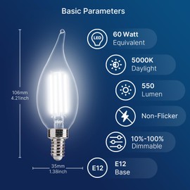 FLSNT LED Candelabra Light Bulbs, CA11 E12 Chandelier LED Light Bulbs 60W Equivalent, 5000K Daylight, 550LM, 5.5W, 90+ High CRI, AC 120V, 12 Pack, Dimmable UL,CA65 Listed.