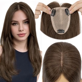 Elailite Human Hair Toppers for Women Real Human Hair for Thinning Hair 9 * 12CM Silk Base Hair Pieces No Bangs Clip in Remy Hairpieces Hand-Tied 14 Inch Chocolate Brown