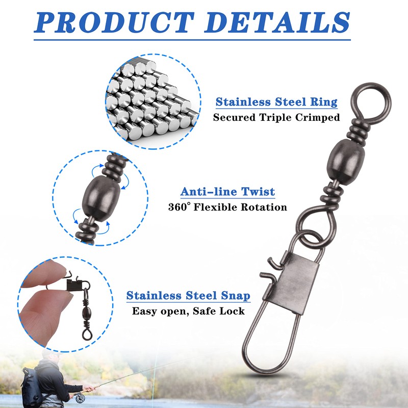 100pcs Barrel Swivel with Safty Snap Connector Fishing Tackle Box