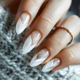 White French Tips Press on Nails with Mermaids Style Medium Almond False Nails 24 Pcs Glossy Silver Glitter Acrylic Fake Nails Gel Glue on Nails Curve Line Stick on Nails for Coquette Women Girls