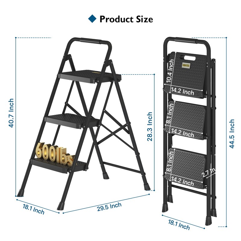 BONTEC 3-Step Ladder, Folding Step Stool, 600lbs Max Load Capacity,