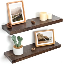 Floating Shelves for Wall Decor, 8 Inch Deep Rustic Solid Elm Wood Floating Shelves Wall Mounted, Wall Shelves with Invisible Bracket for Living Room Bathroom Bedroom Kitchen, 24 Inch Set of 2, Walnut