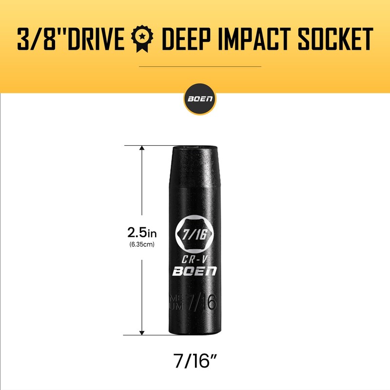 BOEN 3/8" Drive Deep Impact Sockets, Premium Impact Socket, 7/16"