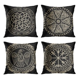 TOPYEE Set of 4 Throw Pillow Covers, Norse Viking Magical Runic Compass Home Decorative Square Cushion Cases, Double Sided Printing Pillowcases for Bedroom Sofa Living Room, 18 x 18 Inch/45 x 45 cm
