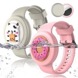 2Pack Compatible for AirTag Bracelet Waterproof, Soft Silicone Air tag Wristband Holder Cute Air Tags Case for Children Teen (Beige+Pink)