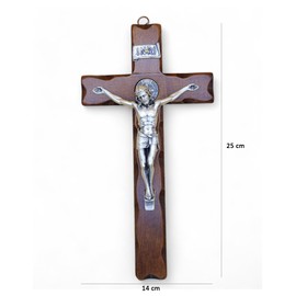 Wall Cross - Saint Benedict - Handmade in Italy Christ and Inri Silver 999 - Wooden Wall Cross, Care and Precision of the Details of the Jesus Crucifix - 21.5 x 9.5 cm