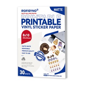 8x10 Printable Vinyl Sticker Paper Waterproof, Removable Self Adhesive Vinyl Sticker Sheets for Inkjet and Laser printer, 30 Pack, 8R Size, Matte White