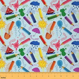 Cartoon Pencil Fabric by The Yard 2 Yards, Colorful Nursery Upholstery Fabric for Chairs Cute Crayon Decorative Waterproof Outdoor Fabric for Sofa Couch Funny Art Printed DIY Reupholstery Fabric