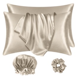 ColourNest Satin Pillowcase Set for Hair and Skin - 2 Pack, Silky Satin Pillowcases with Envelope Closure, Includes Satin Scrunchie and Bonnet, Beige, Standard Size 50x75 cm