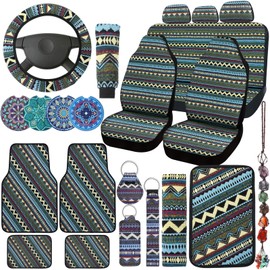 Frienda 26 Pcs Boho Car Seat Covers Full Set Stripe Steering Wheel Cover Seat Boho Car Accessories Car Coasters Hippie Belt Cover Armrest Cover Crystal Hanging Ornament Car Holders Fits for Car
