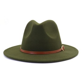CCAKXCJJ Fedora Hats for Men Women Felt Jazz Hat Wide Brim Panama Hat with Belt Buckle, Army Green, One Size