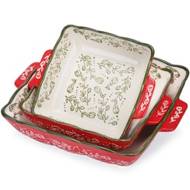 Square Ceramic Baking Dish, 4.7, 3, 1.8 QT Casserole Dishes for Oven, 10x10, 8x8, 6.7x6.7 Baking Deep Dishes Set, Bakeware Dish with Handles for Brownies, Casseroles, Pie, Lasagna & More Home Gift (RED)