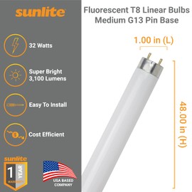 Sunlite F32T8/SP850 T8 Linear Fluorescent Lamp, 32 Watts, 3100 Lumens, 5000K Daylight, Medium G13 Bi Pin Base, High Performance Straight Tube, 30 Pack