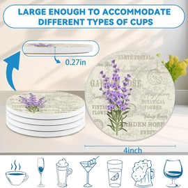 Drinks Coasters Set of 4, Vintage Lavender Flowers Round 4" Cup Coasters, Absorbent Ceramic Stone Coasters with Cork Base, Cute Coasters for Table Home Décor, Ideal Gifts for Women Men