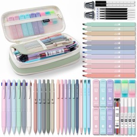Four Candies 56 PCS Aesthetic School Supplies with Large Pencil Case, 6 Colored Ballpoint Pens, 12 Pastel Highlighters, 5 Black Ink Gel Pens, 9 Mechanical Pencils 0.5-2.0mm Student Essentials (Green)