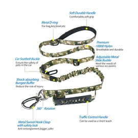 Hotsky Tactical Dog Leash Heavy Duty for Medium Large Dogs That Pull,4-6Ft Strong Bungee Shock Absorbing No Pull Dog Leash with Padded Double Handle and Car Seatbelt,Army Camo