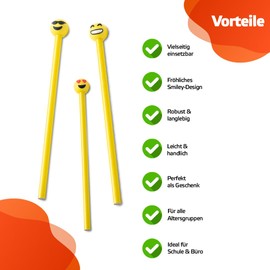WPRO Set of 10 Happy Pencil with Smiley Attachment | Heart, Laughing, Sunglasses | Cartoon Emoji Motif | Children | Birthday | Gift | Boys + Girls | Party Bags | Love