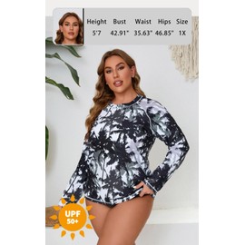 Halcurt Womens Plus Size Long Sleeve Rash Guard Swim Top with Built in Bra Loose Fit UPF50+ Sun Protection Swimsuit White Palm Leafs 4X