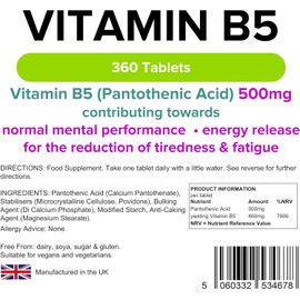 Lindens - Vitamin B5 Pantothenic Acid 500mg, 360 Tablets - 7666% NRV Dose, Contributes to Mental Performance, Metabolism & Reduction of Tiredness - UK Made, (90 Pack x 4)