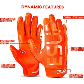 ESUP PRO Youth Football Gloves, Men's & Youth Boys Silicone Grip Sticky Wide Receiver Gloves for Kids (Orange, Youth X-Large)