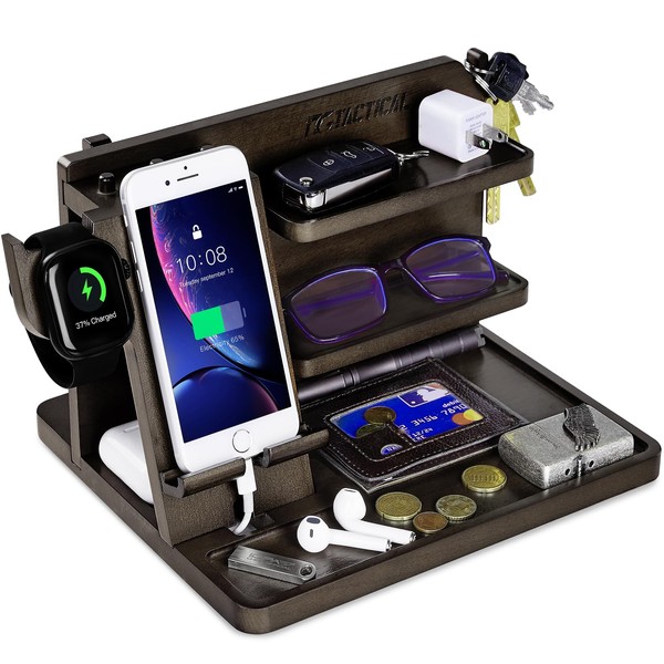 1TG Tactical Nightstand Organizer, Wood Phone Docking Station with Adjustable