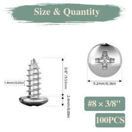 GOHODOMINO #8 x 3/8" Wood Screw 100Pcs Truss Head Phillips Stainless Steel 304 (18-8) Fast Self Tapping Screws