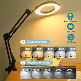 Upgrade 12X Magnifying Glass with Light and Stand, Real Glass Magnifying lamp, 5 Color Modes Stepless Dimmable, 84 LEDs, Magnifier with Light Hands Free for Close Work, Reading Craft Repair