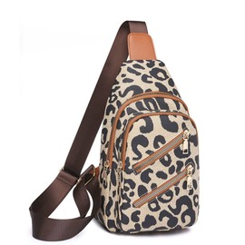 Hiriotin Leopard Print Chest Bag for Women Letter Print Crossbody Sling Backpack with Wide Strap Multipurpose Fanny Daypack (white)