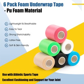 Pre Wrap Athletic Tape 6 Pack, 2.76 Inch x 11 Yards Foam Underwrap Bandage, Foam Underwrap Sports Tape for Ankle Wrist Knee Elbow Hair Soccer, White