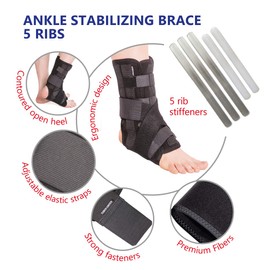 TOROS GROUP MANUFACTURE Ankle Support with 5 Reinforcements Ankle Brace Left/Right, Adjustable Ankle Brace Ankle Foot Bandage with PE Board Strong Stabilisation X-Large Black