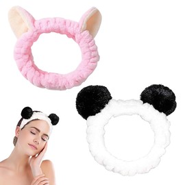 FUKPO Hair Band Cosmetic Panda Cat Ears, 2 Pieces Face Make Up Headbands Hair Band Make-Up Shower Wash Cosmetic Headband, Plush Elastic Hair Bands Women Girls Yoga Spa Sports