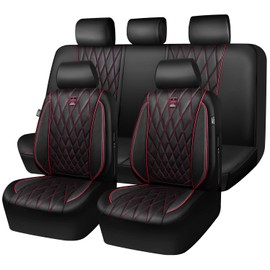CAR PASS Piping Luxury Leather Seat Covers Full Set,5 Seats Anti-Slip Waterproof Seat Covers Compatible with Front Armrests,Universal Fit for Sendan SUV Van Truck,Airbag Compatible,Black and Red