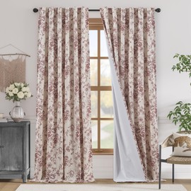 jinchan Blackout Linen Blend Curtain Floral Curtains for Living Room 96 Inch Length Brick Red Printed Curtain with Lined Blackout Curtains for Bedroom Farmhouse Curtains Set 2 Panels