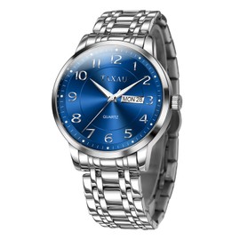 Taxau Silver Waterproof Watches for Men Stainless Steel Dress Men Watches Luxury Business Wristwatches Multifunctional Luminous with Date Gift for Men, silver band blue face-g8405g